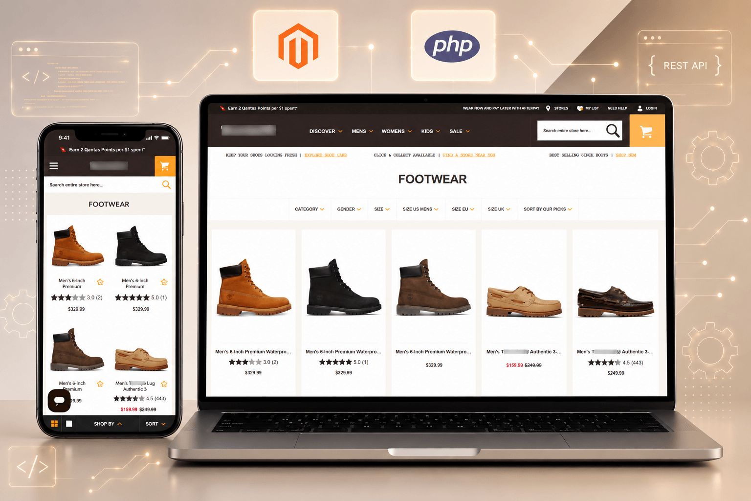 Responsive Magento 2 fashion clothes e-commerce with loyalty banner and product grid on desktop and mobile