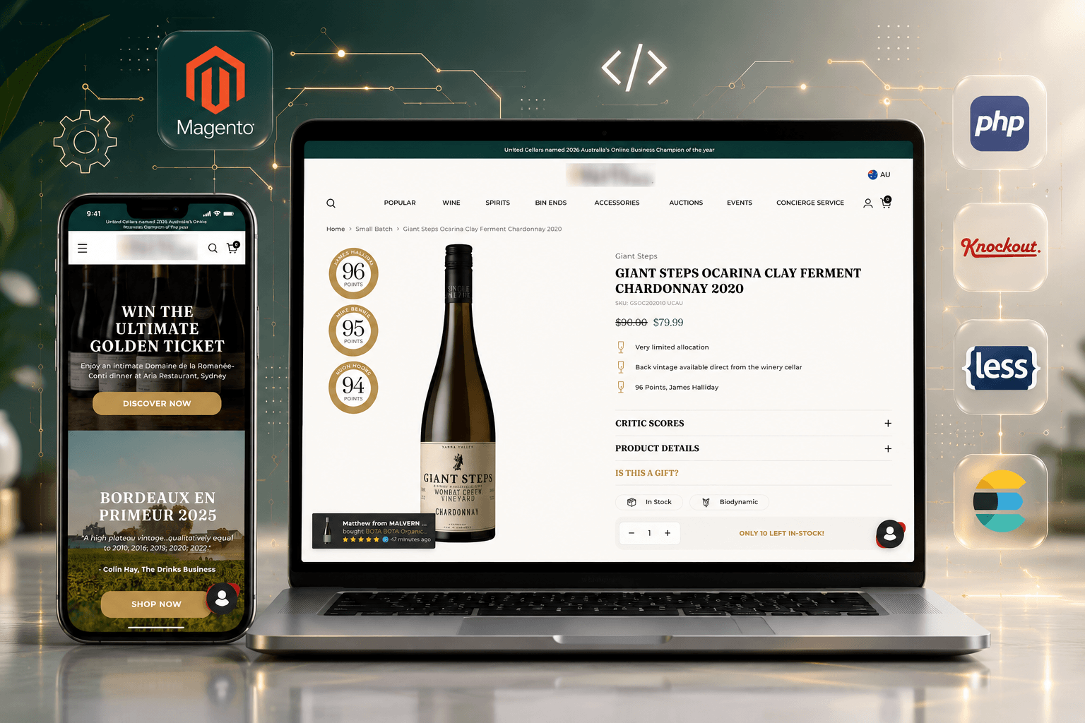 Magento wine e-commerce product listing and auction interface on desktop and mobile