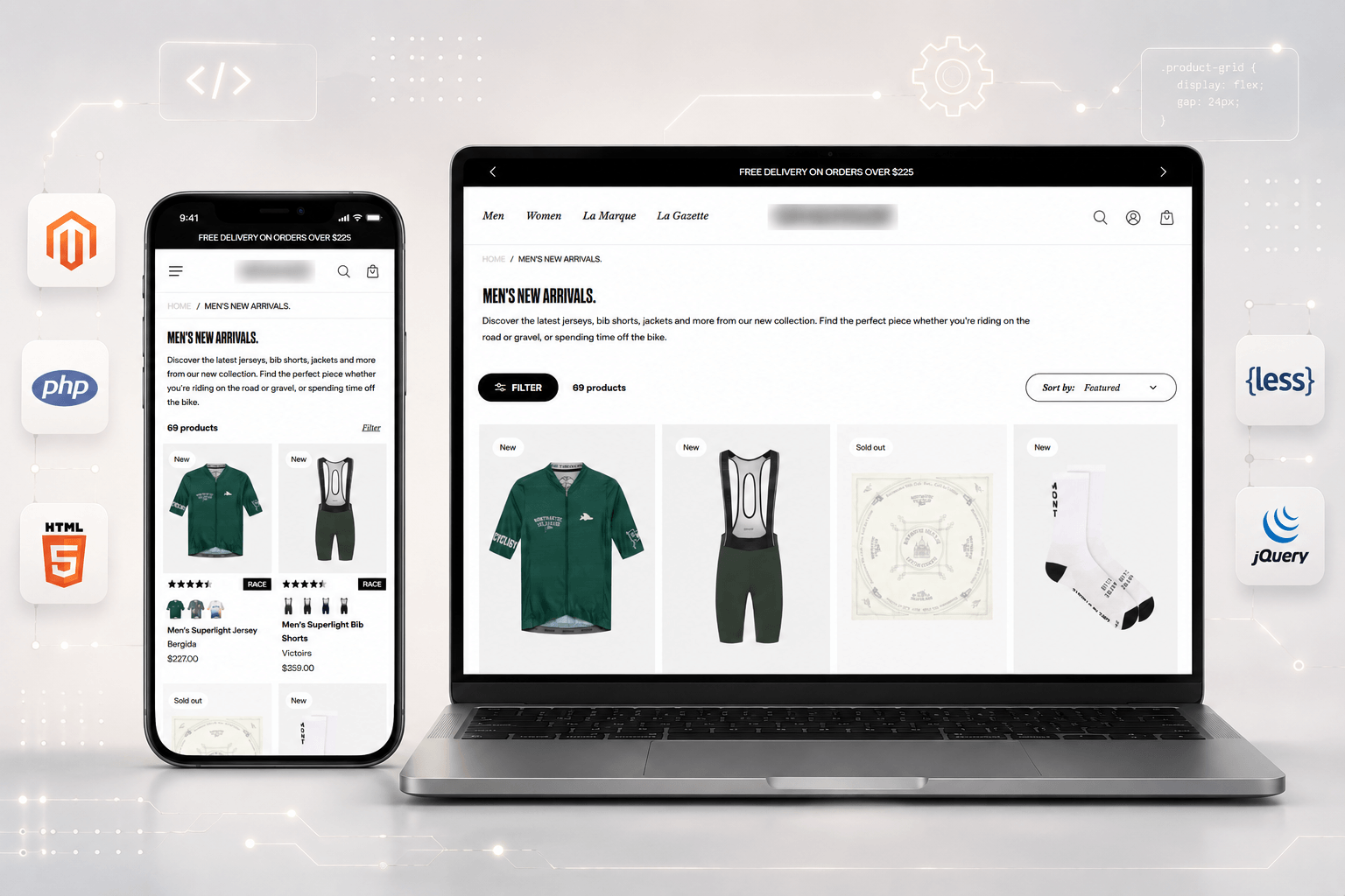 Magento cycling retail storefront with custom badges, shop locator, and express checkout on desktop and mobile