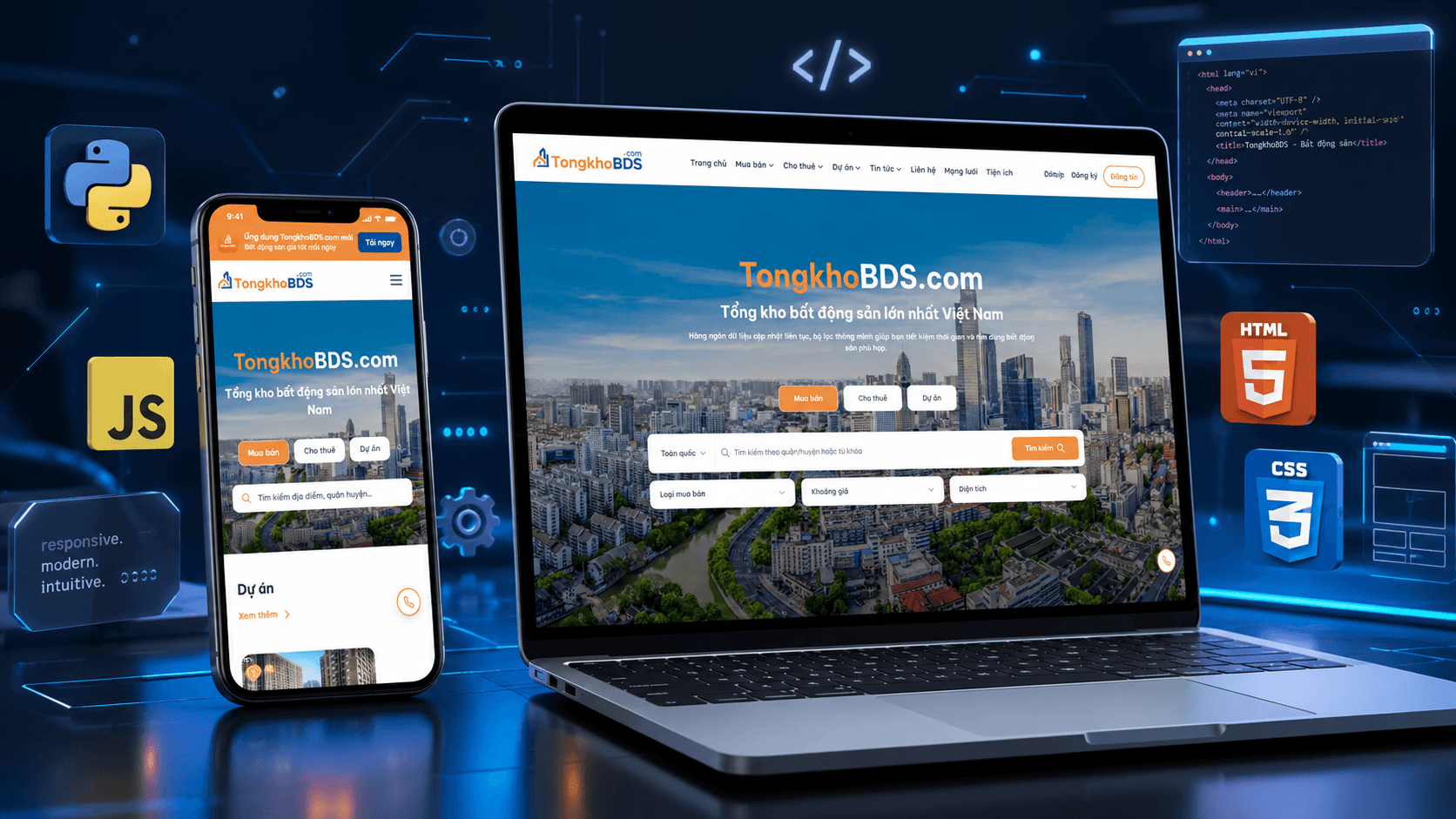 Real estate listing platform property search and detail pages on desktop and mobile