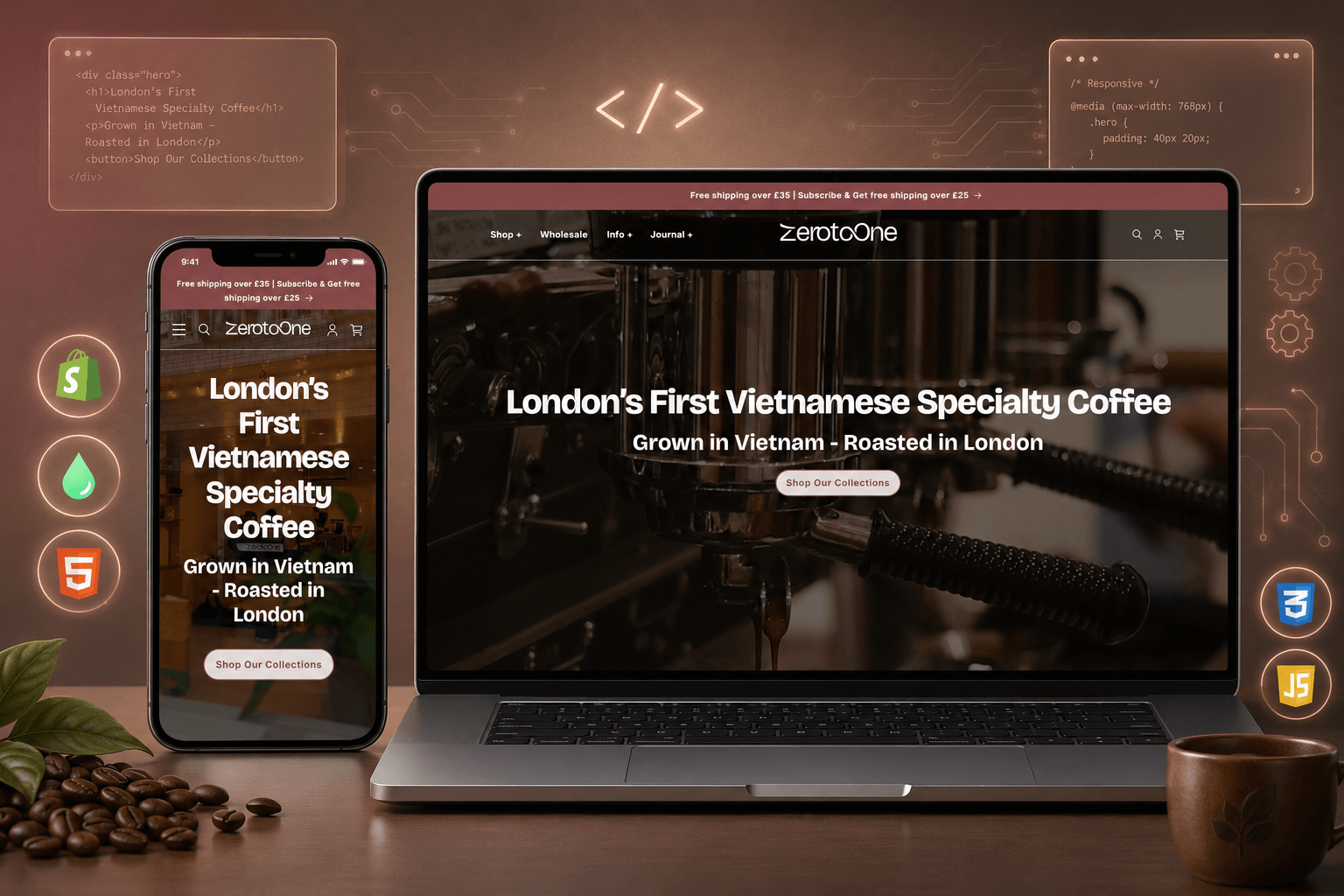 Custom Shopify specialty coffee theme product page on desktop and mobile