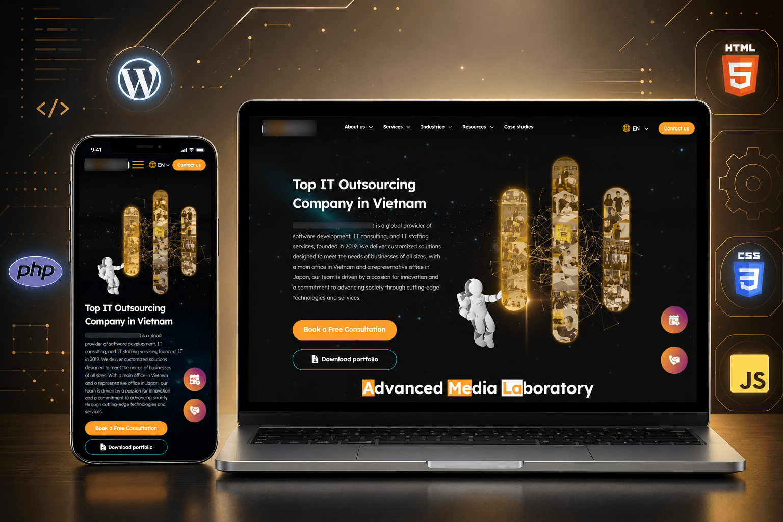 Dark-theme corporate WordPress IT services website on laptop and smartphone