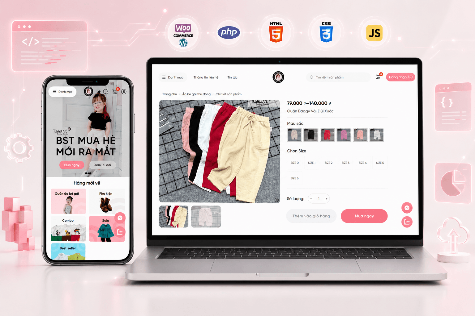 Kids fashion WooCommerce category and product pages on desktop and mobile