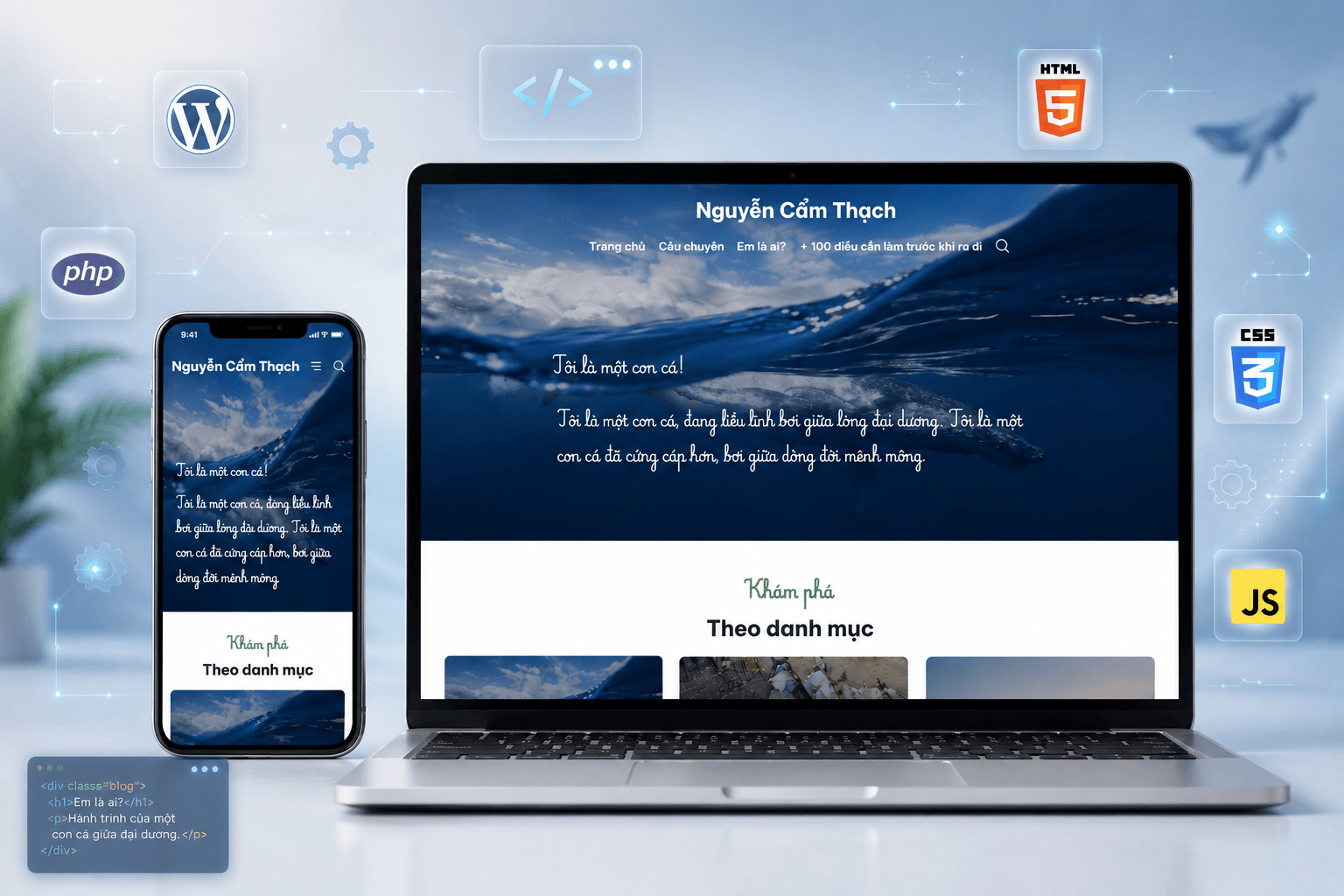 Custom WordPress lifestyle blog theme with clean typography on desktop and mobile